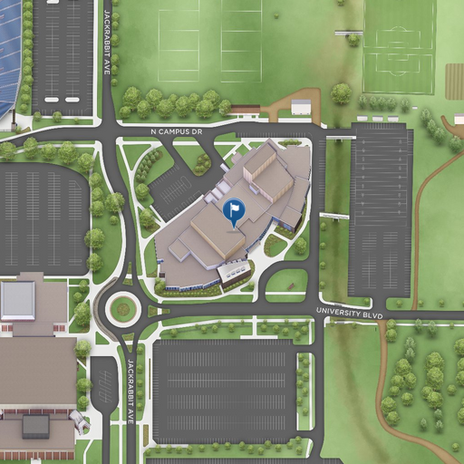 Map snapshot of The Oscar Larson Performing Arts Center with surrounding parking lots