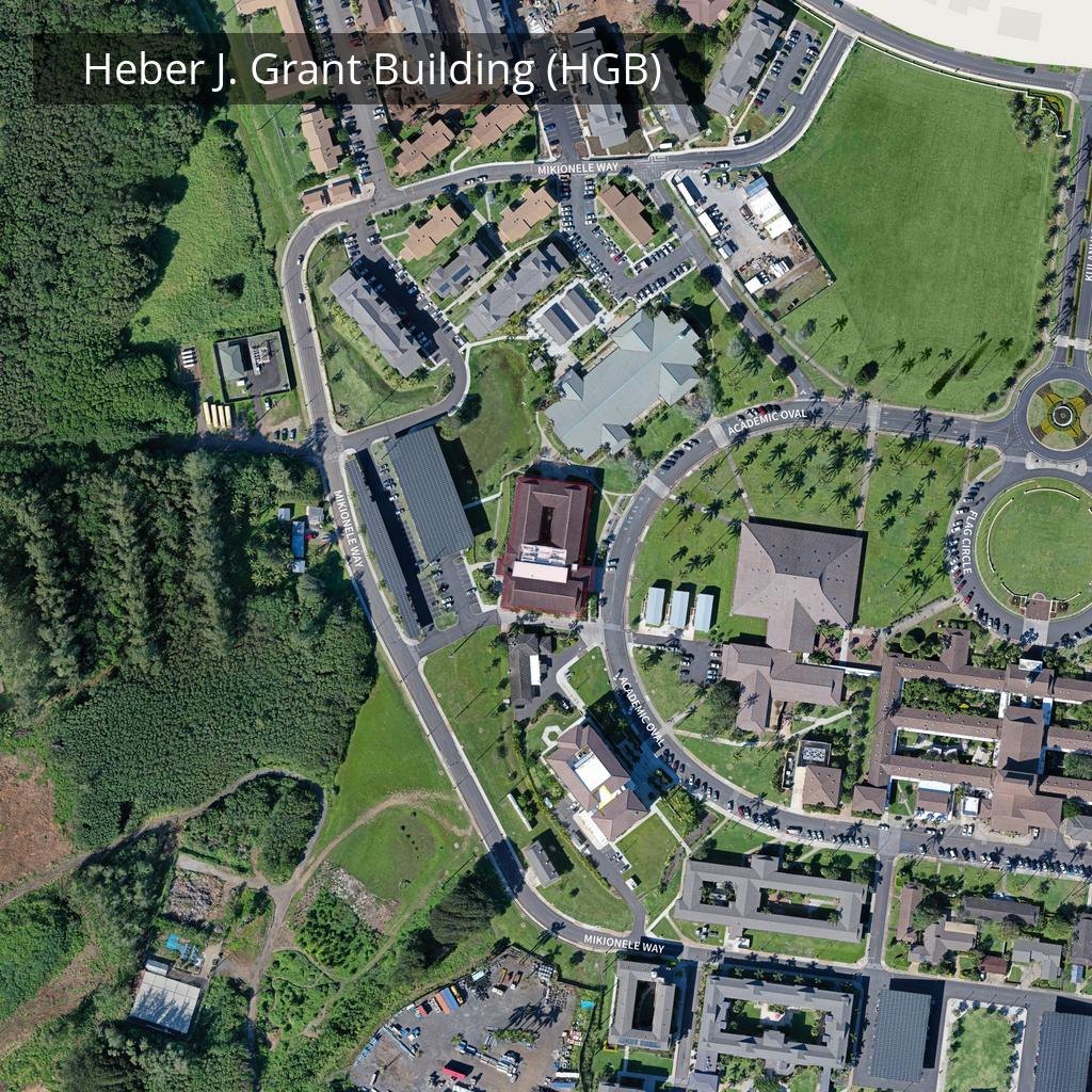 A picture of campus map showing where the Heber J. Grant Building (HGB) is located. HGB is located between the Stake Center and Science Building. HGB is also located in the front of Portable 1, 2, and 3.